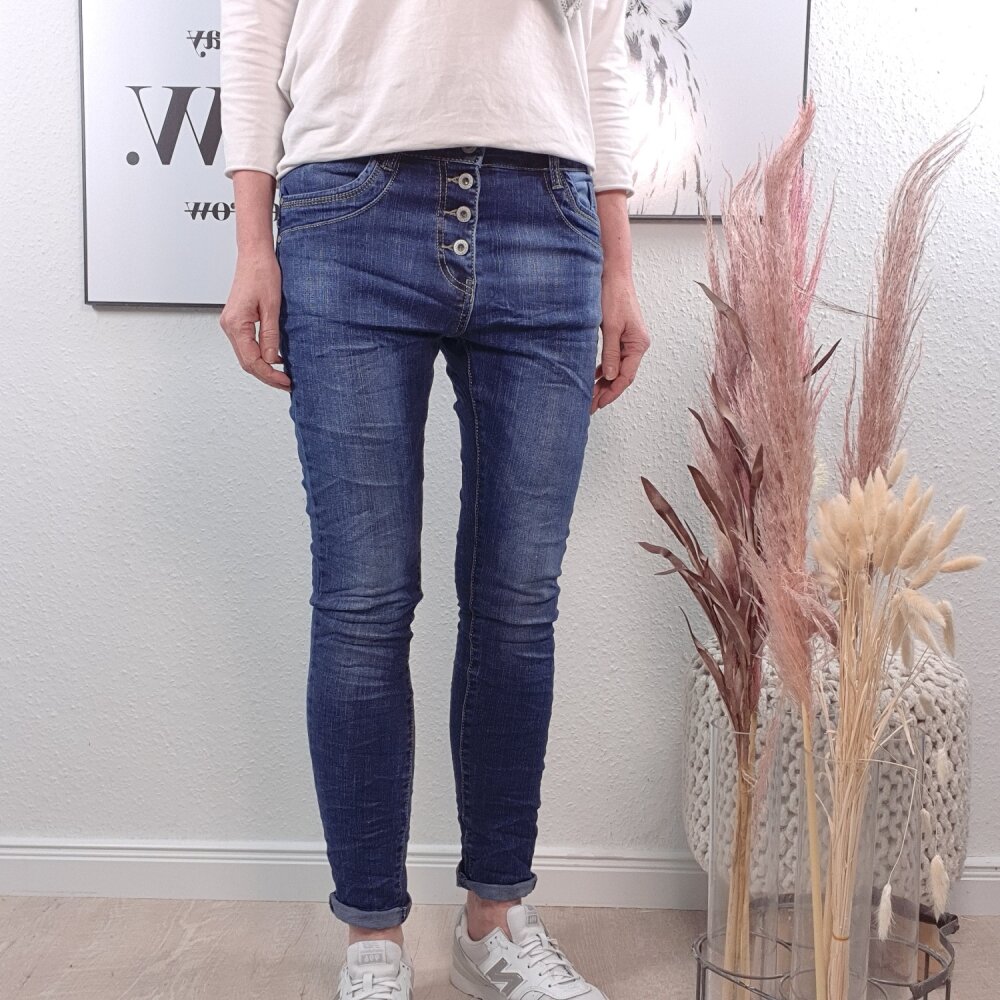 Jewelly Boyfriend Stretch jeansbroek voor dames, denim broek voor vrouwen, decoratieve knoopsluiting, Antieke knop, M