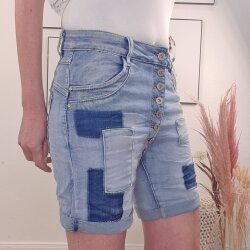 Flicken Denim Shorts mit extra langer Knopfleiste