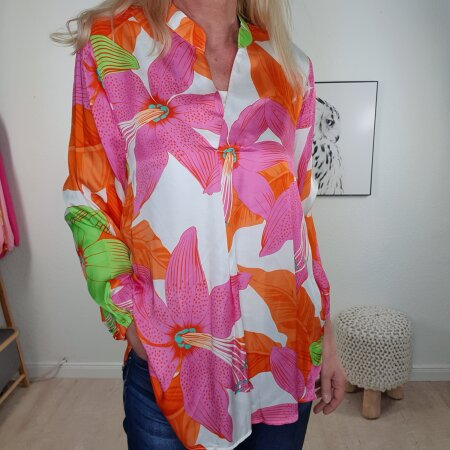 Satin Schlupf Bluse Hibiskus- One Size