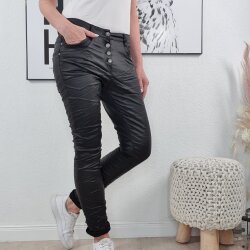 Jewelly Damen Stretch Fake Leather Hose| Kunstleder Boyfriend Cut| mit offener Knopfleiste Schwarz M