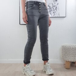Karostar Damen Stretch Jeans| Boyfriend Hose mit dekorativen Schmuckknöpfen| Mid Rise 5 Pocket Denim Hose Grau L