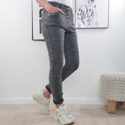 Karostar Damen Stretch Jeans| Boyfriend Hose mit dekorativen Schmuckknöpfen| Mid Rise 5 Pocket Denim Hose Grau L