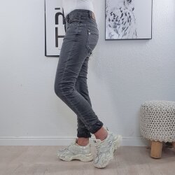 Karostar Damen Stretch Jeans| Boyfriend Hose mit dekorativen Schmuckknöpfen| Mid Rise 5 Pocket Denim Hose Grau L