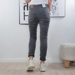 Karostar Damen Stretch Jeans| Boyfriend Hose mit dekorativen Schmuckknöpfen| Mid Rise 5 Pocket Denim Hose Grau L