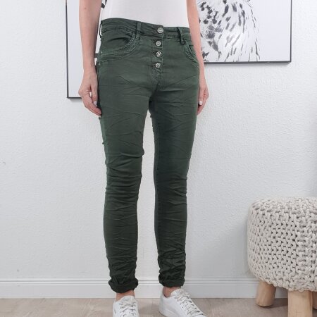 Karostar Damen Stretch Jeans| Boyfriend Hose mit dekorativen Schmuckknöpfen| Mid Rise 5 Pocket Denim Hose Khaki L