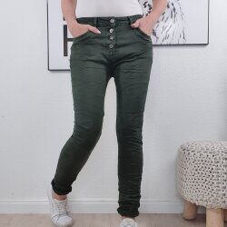 Karostar Damen Stretch Jeans| Boyfriend Hose mit dekorativen Schmuckknöpfen| Mid Rise 5 Pocket Denim Hose Khaki L