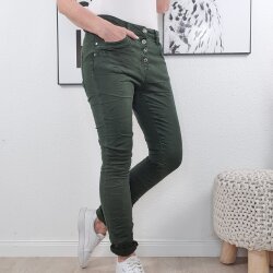 Karostar Damen Stretch Jeans| Boyfriend Hose mit dekorativen Schmuckknöpfen| Mid Rise 5 Pocket Denim Hose Khaki L
