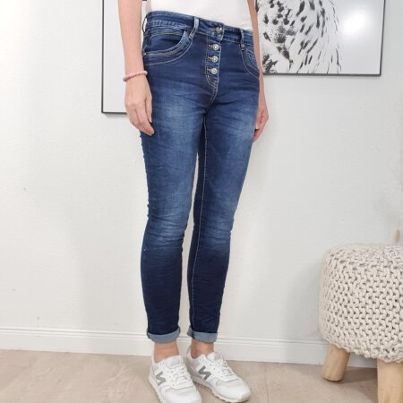 Boyfriend Jeans mit Glitzer Schmuck Knöpfen Dark Denim Washed  XS
