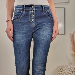 Jewelly Damen Stretch Jeans| Boyfriend Hose mit dekorativen Herzknopf| Mid Rise 5 Pocket Denim Hose| sichtbare Knopfleiste