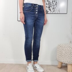 Jewelly Damen Stretch Jeans| Boyfriend Hose mit dekorativen Herzknopf| Mid Rise 5 Pocket Denim Hose| sichtbare Knopfleiste Heart Denim S