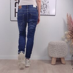 Karostar Damen Stretch Jeans| Boyfriend Baggy Denim Hose| Knopfleiste Schmuck Kn&ouml;pfe Denim Red Stitch-L