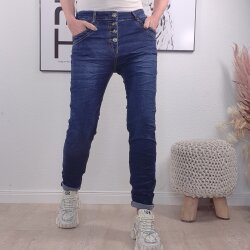 Karostar Damen Stretch Boyfriend Jeans|  Slim Baggy Denim Hose| Knopfleiste Schmuck Kn&ouml;pfe Dark Denim-L