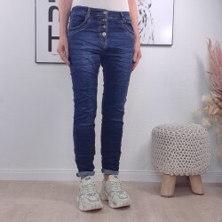 Karostar Damen Stretch Boyfriend Jeans|  Slim Baggy Denim Hose| Knopfleiste Schmuck Kn&ouml;pfe Dark Denim-L