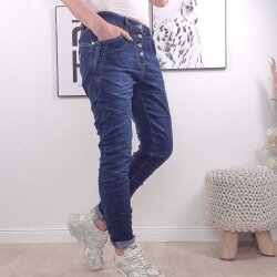 Karostar Damen Stretch Jeans| Boyfriend Baggy Denim Hose| Knopfleiste Schmuck Kn&ouml;pfe