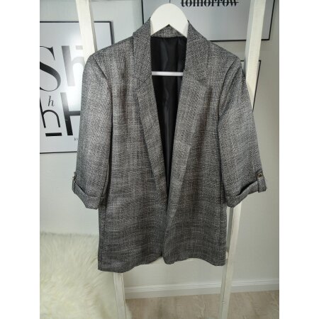 Glencheck Karo offener Blazer silber grau 3/4 Ärmel