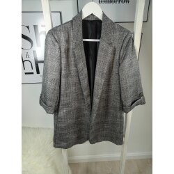 Glencheck Karo offener Blazer silber grau 3/4 Ärmel