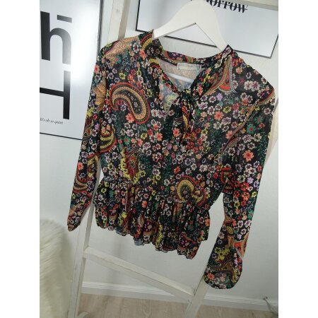 Schluppen Bluse Paisley Muser Rüschen Bluse schwarz one size