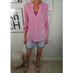 Italy Fashion Damen Bluse| leichtes  halb transparentes Fischerhemd| mit roll-up Sleeves und tiefen V-Ausschnitt