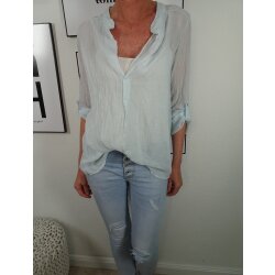 Italy Fashion Damen Bluse| leichtes  halb transparentes Fischerhemd| mit roll-up Sleeves und tiefen V-Ausschnitt