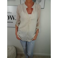 Italy Fashion Damen Bluse| leichtes  halb transparentes Fischerhemd| mit roll-up Sleeves und tiefen V-Ausschnitt