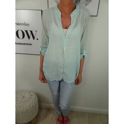 Italy Fashion Damen Bluse| leichtes  halb transparentes Fischerhemd| mit roll-up Sleeves und tiefen V-Ausschnitt