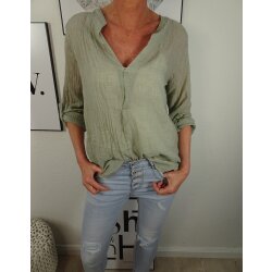 Italy Fashion Damen Bluse| leichtes  halb transparentes Fischerhemd| mit roll-up Sleeves und tiefen V-Ausschnitt