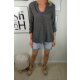 Italy Fashion Damen Bluse| leichtes  halb transparentes Fischerhemd| mit roll-up Sleeves und tiefen V-Ausschnitt