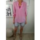 Italy Fashion Damen Bluse| leichtes  halb transparentes Fischerhemd| mit roll-up Sleeves und tiefen V-Ausschnitt
