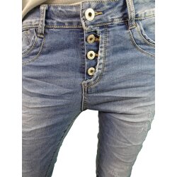 Jewelly by Lexxury Stretch Jeans| im baggy boyfriend Schnitt| mit ausgefranster offener Knopfleiste| tapered Fit used blue XS