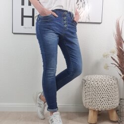 Jewelly Stretch Jeans| im Baggy Boyfriend Schnitt| Damen Hose mit dekorativer Knopfleiste| Perfekter Sitz dark denim-M