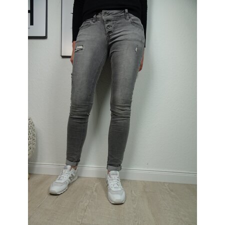 Buena Vista Malibu Damen Jeans Hose in coloured Denim Stretch Pants mit Knopfleiste L grey destroyed