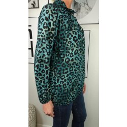 Italy Fashion Animal Print Bluse| lockere Tunika mit Leo Print| Fischerhemd mit ger&uuml;schtem Stehkragen one size blau
