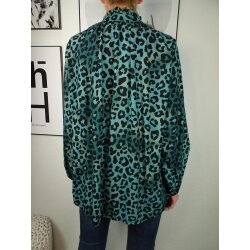 Italy Fashion Animal Print Bluse| lockere Tunika mit Leo Print| Fischerhemd mit ger&uuml;schtem Stehkragen one size blau