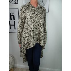 Italy Fashion oversized VoKuHiLa Animal Leo Print Hemd Bluse vorne kurz hinten extra lang one size natur