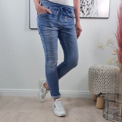 Jewelly Damen | lange Jeans Hose aus weichem Sweat Denim| Schlupfhose aus Jogg Stoff | athleisure Pants jogg blue S