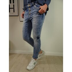 Jewelly Damen Stretch Jeans Boyfriend Cut mit offener Knopfleiste und Sternen denim XS