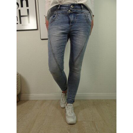 Jewelly Damen Stretch Jeans mit doppelten Bund|5-Pocket Denim Boyfriend Hose mittlere Bund| Tapered Fit XS Mid blue