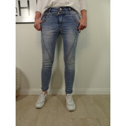 Jewelly Damen Stretch Jeans mit doppelten Bund|5-Pocket Denim Boyfriend Hose mittlere Bund| Tapered Fit XS Mid blue