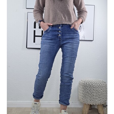 Karostar Damen Boyfriend Stretch Jeans mit offener Knopfleiste Denim Middle Blue M