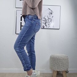 Karostar Damen Boyfriend Stretch Jeans mit offener Knopfleiste Denim Middle Blue M