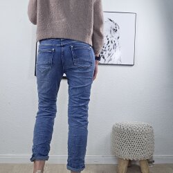 Karostar Damen Boyfriend Stretch Jeans mit offener Knopfleiste Denim Middle Blue M