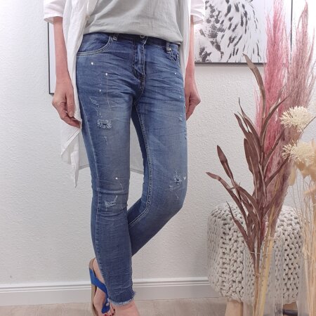 Painted Denim Skinny Jeans -Fringe Bottems